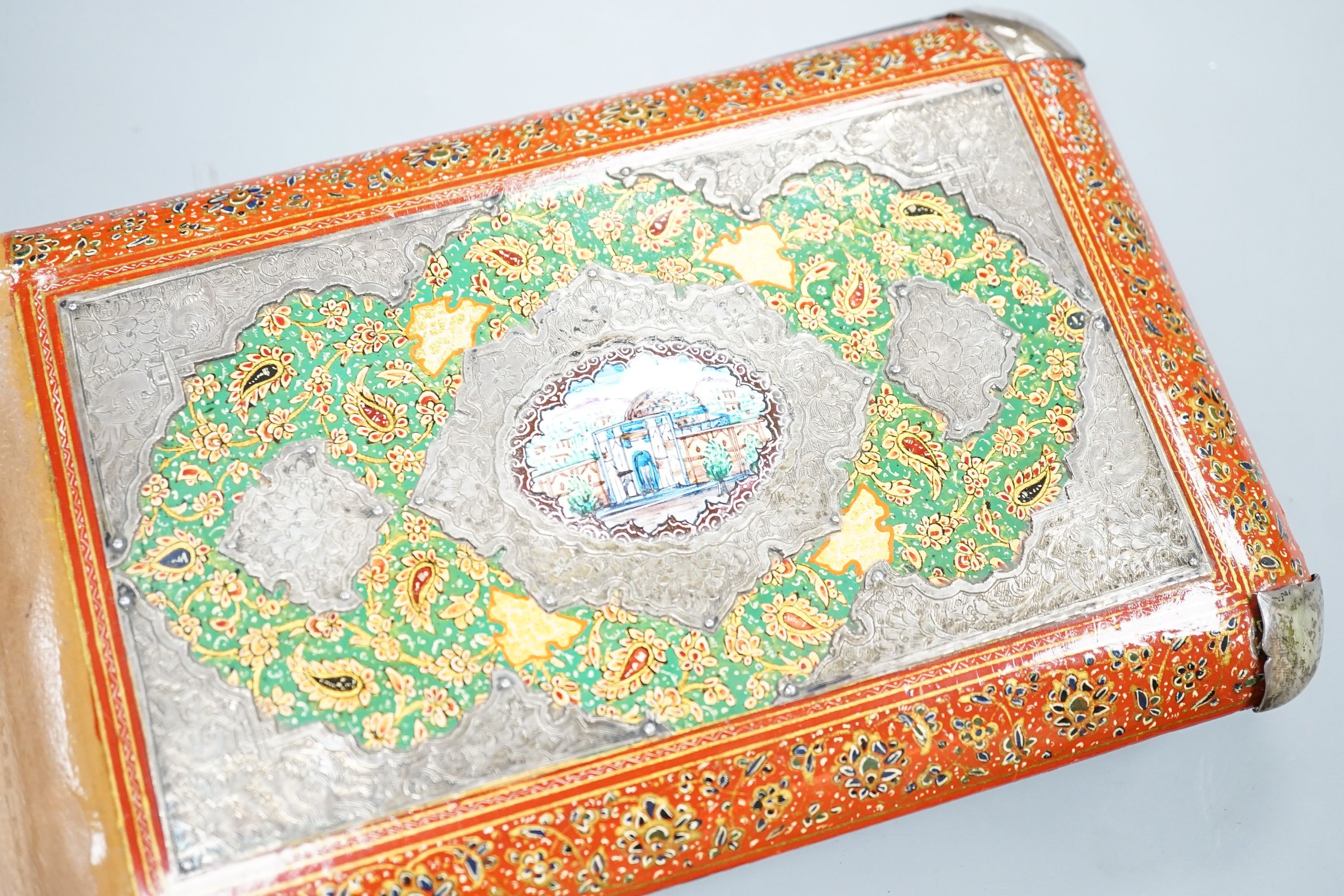 A WMF dish, Islamic white metal mounted photo album and a plated teapot and jug